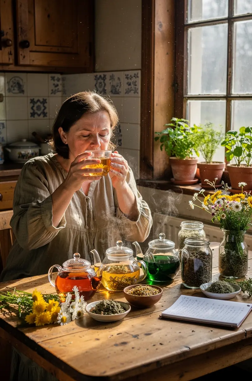 Arbatos lapeliai, išdėstyti šalia užrašų knygelės su dienos ritualų planais.