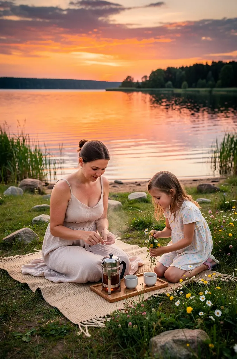 Keraminis puodelis su garuojančia žolelių arbata, fone matomas saulėtekis.