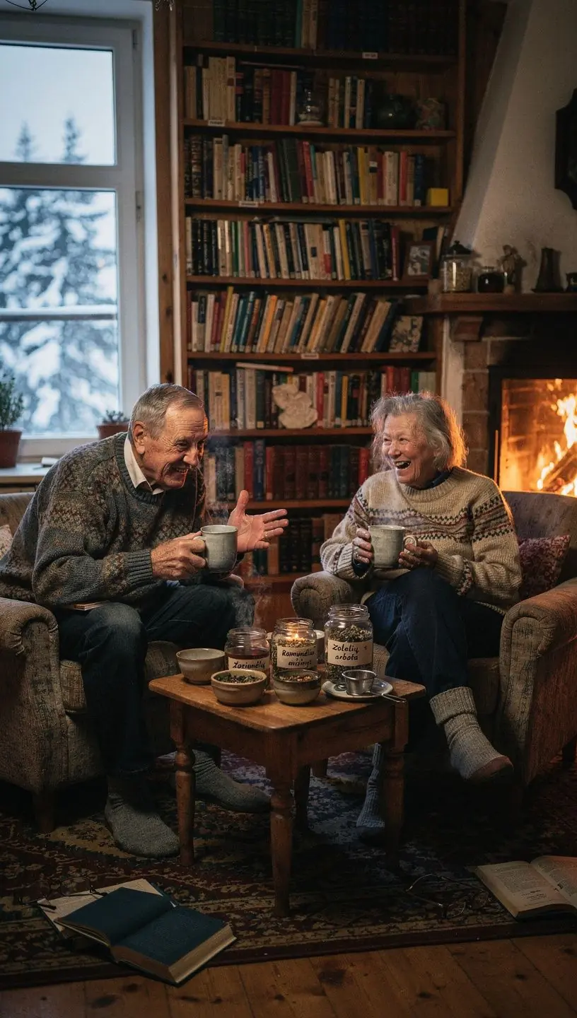 Žolelių arbatos puodelis ant medinio stalo su ramybės ir pusiausvyros simboliais.
